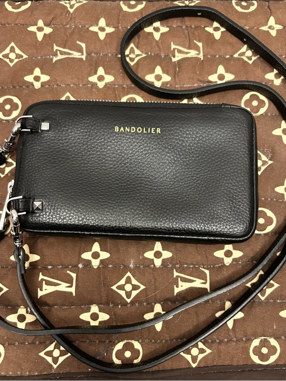 Bandolier Black Pebbled Leather Crossbody Phone Wallet
